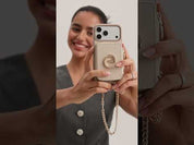Beige iPhone 17 Pro Max leather magnetic phone case with crossbody strap for travel