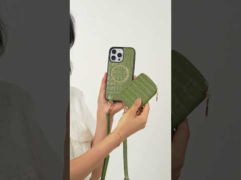 クロコダイルクラフトセット - 取り外し可能なワイヤレス充電クロスボディウォレット電話ケースラウンドポーチセット