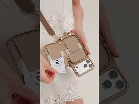 Taupe iPhone 17 Pro Max leather crossbody phone case with zipper wallet for workdays