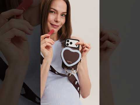 Mocha iPhone 17 Pro Max leather sweet heart pouch with crossbody strap for walking