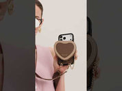 Mocha iPhone 17 Pro Max leather magSafe heart pouch with crossbody strap for walking