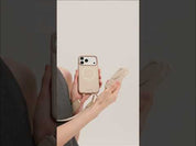 Beige iPhone 17 Pro Max MagSafe-compatible crossbody phone case with RFID blocking for dog walking