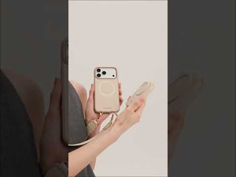 Beige iPhone 17 Pro Max MagSafe-compatible crossbody phone case with RFID blocking for dog walking