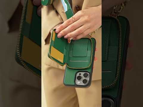 Unique Design Set- Wireless Charging Crossbody iPhone Case with Webbing Lanyard Strap and Round Pouch Set