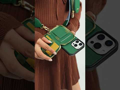 Unique Design Set- Wireless Charging Crossbody iPhone Case with Webbing Lanyard Strap and Round Pouch Set