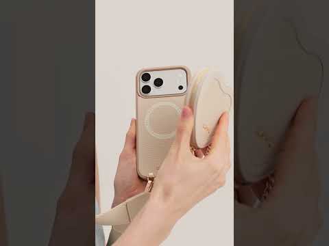 Beige iPhone 17 Pro Max leather sweet heart pouch with crossbody strap for daily carry