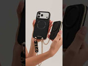 Black iPhone 17 Pro Max leather magnetic phone case with crossbody strap for everyday use