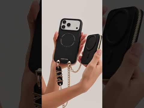 Black iPhone 17 Pro Max leather magnetic phone case with crossbody strap for everyday use