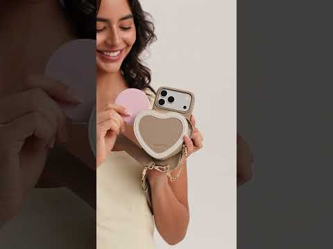 Taupe iPhone 17 Pro Max leather sweet heart pouch with crossbody strap for commuting