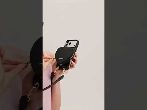 Black iPhone 17 Pro Max leather crossbody phone case with Heart pouch for hands-free