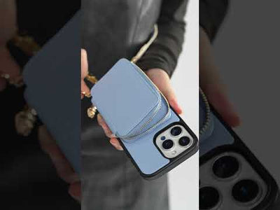 Unique Design Set- Wireless Charging Crossbody iPhone Case with Webbing Lanyard Strap and Round Pouch Set