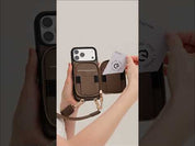 Mocha iPhone 17 Pro Max leather crossbody phone case with wallet for hands-free