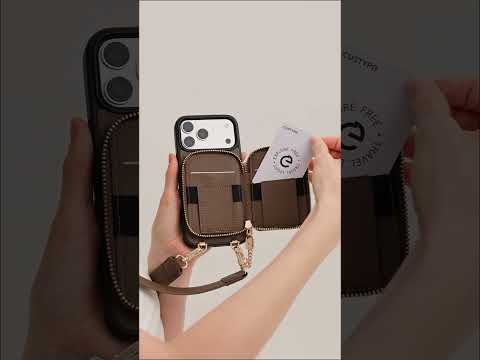 Mocha iPhone 17 Pro Max leather crossbody phone case with wallet for hands-free