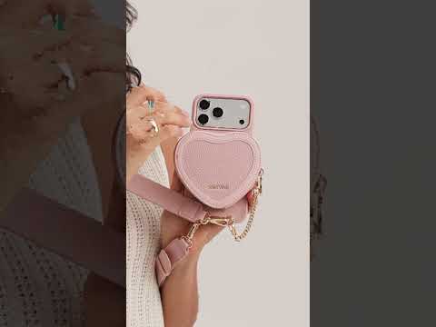 Light pink iPhone 17 Pro Max leather  heart wallet  phone case with crossbody strap for moms