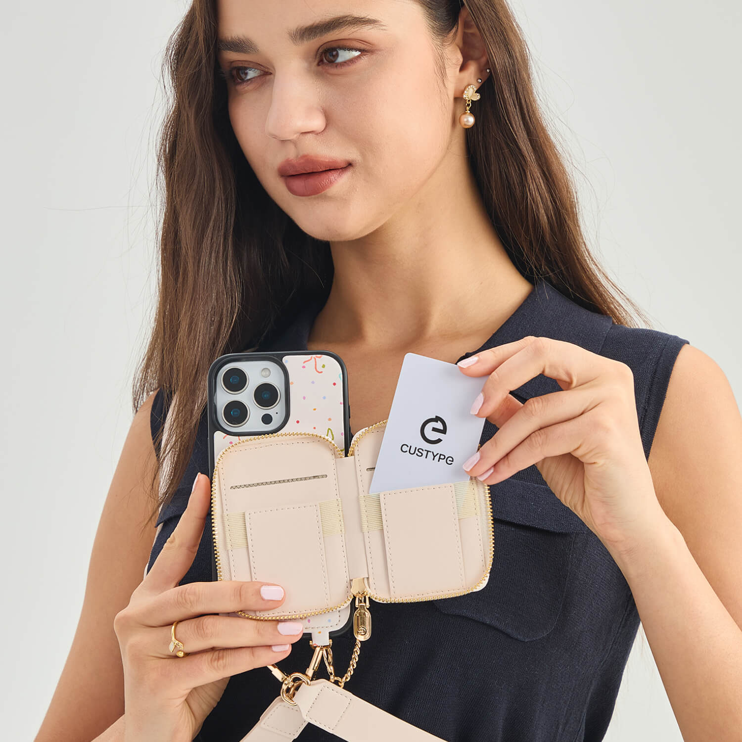 Vivianne- Sweet Theme Strap Print Phone Case with Magnetic Card