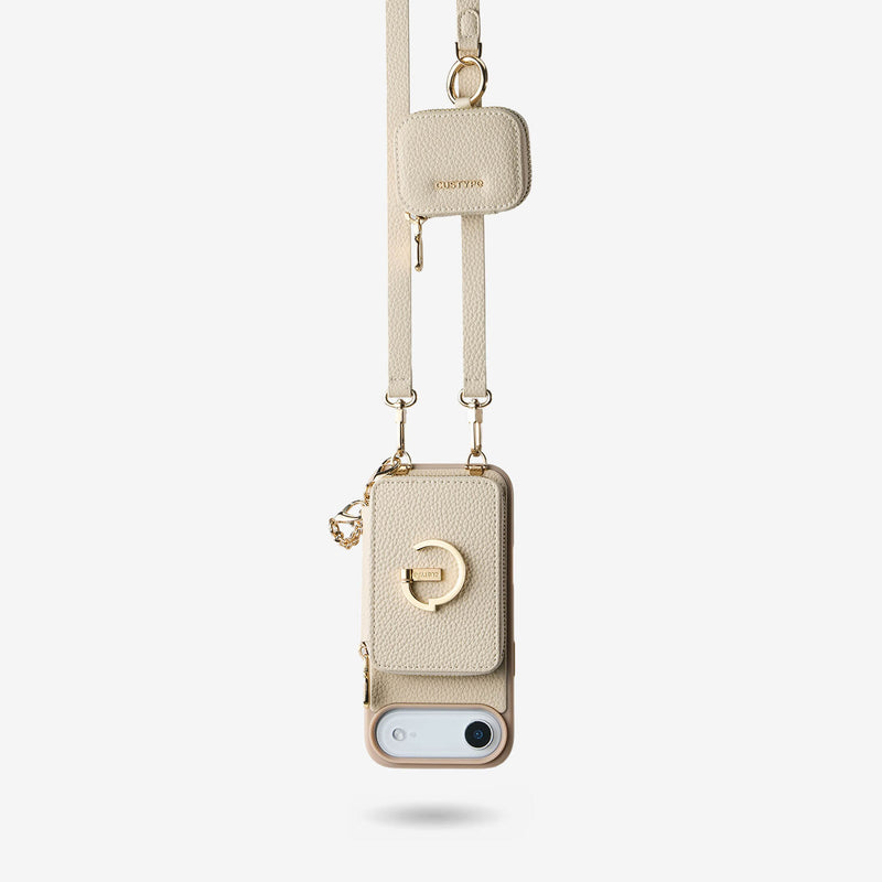 Beige iPhone 17 Air crossbody phone case with card holder and AirPods storage for outdoor activities




