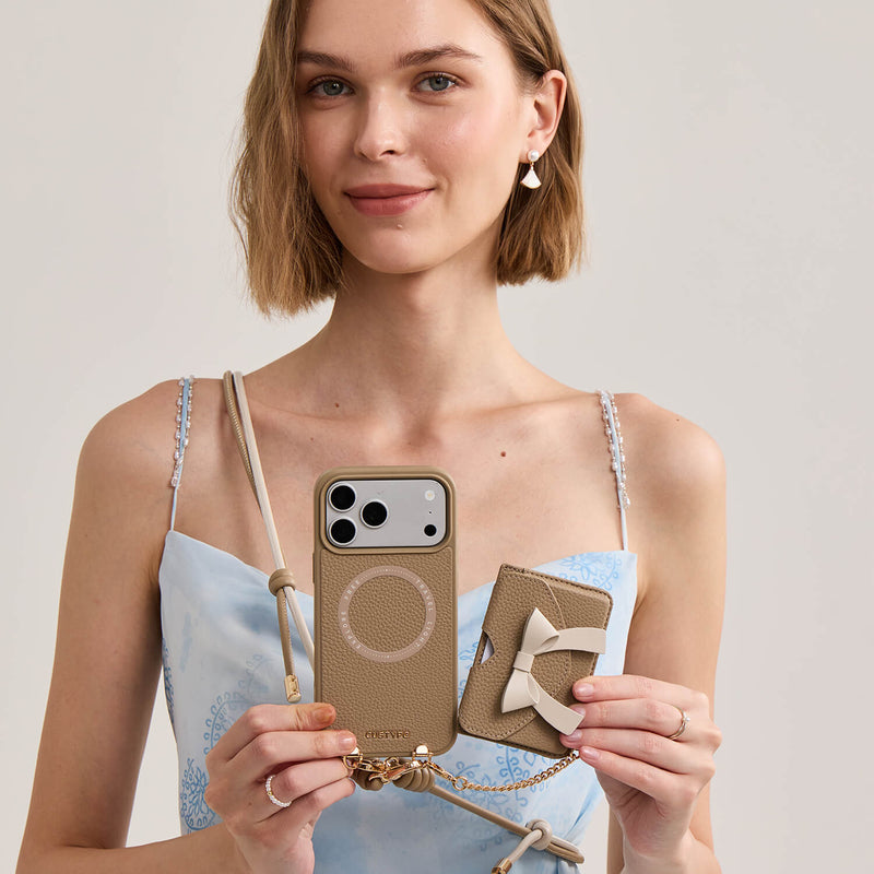 Taupe iPhone 17 Pro case with bow wallet, crossbody strap, created for shopping, travel and everyday use
