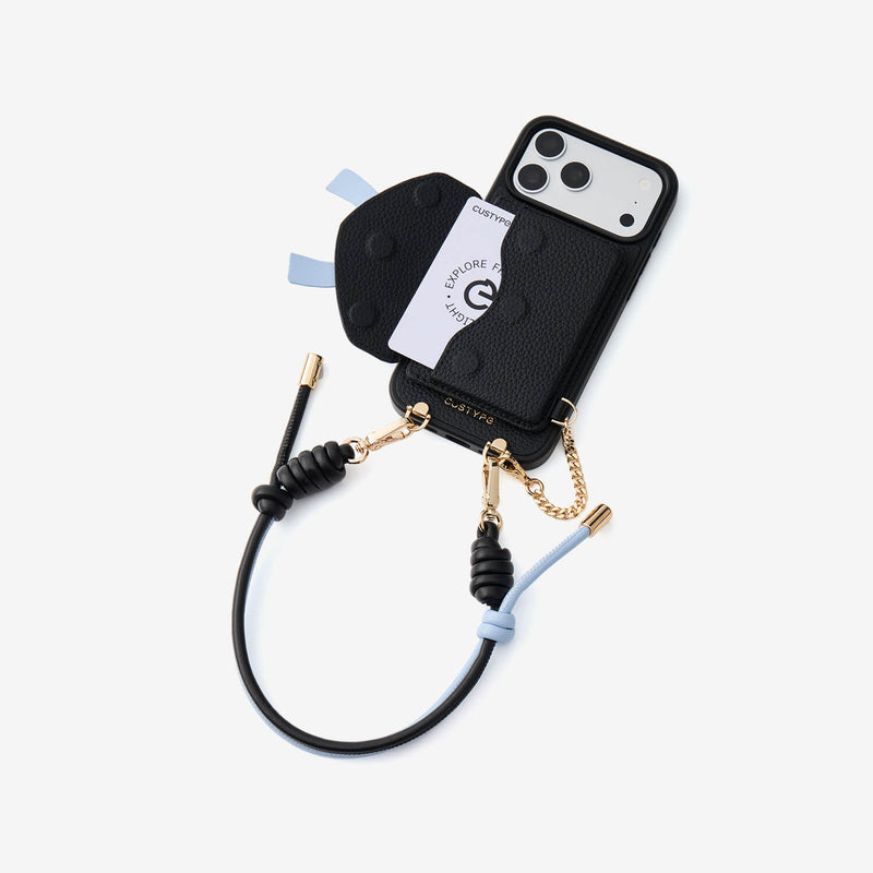Stylish black iPhone 17 Pro Max MagSafe case combining card storage, bow design, RFID protection and elegant metal details for daily essentials