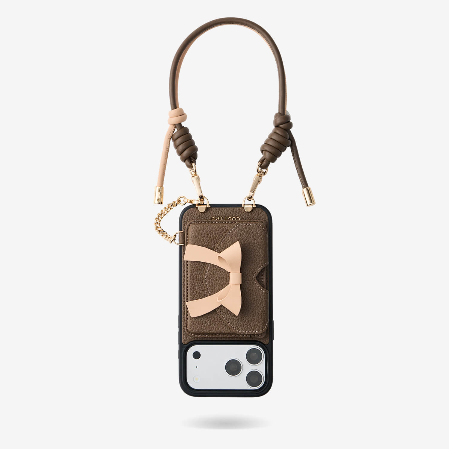 Mocha iPhone 18 Pro magnetic wallet case with elegant bow card holder, adjustable wrist strap, premium leather finish and hands-free carrying for travel