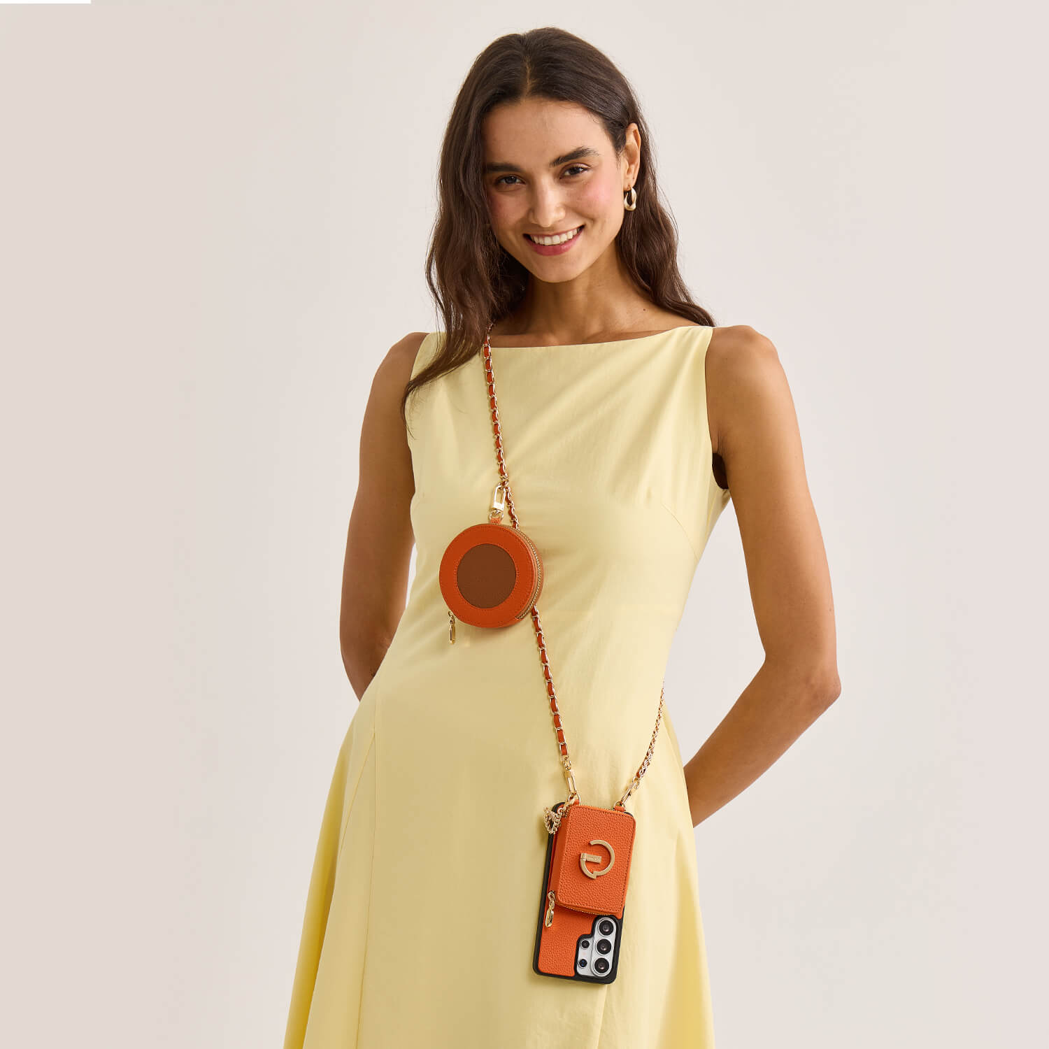 orange crossbody phone case with round pouch for samsung s26 ultra for travel