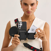 black phone case with multiple compartments wallet and a card