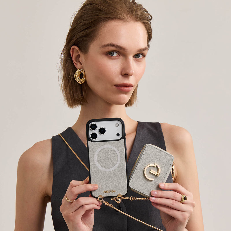 Slim Metal Chain- Removable Magnetic Wallet Phone Case with Strap