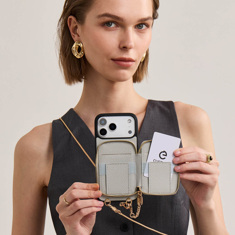 Slim Metal Chain- Removable Magnetic Wallet Phone Case with Strap
