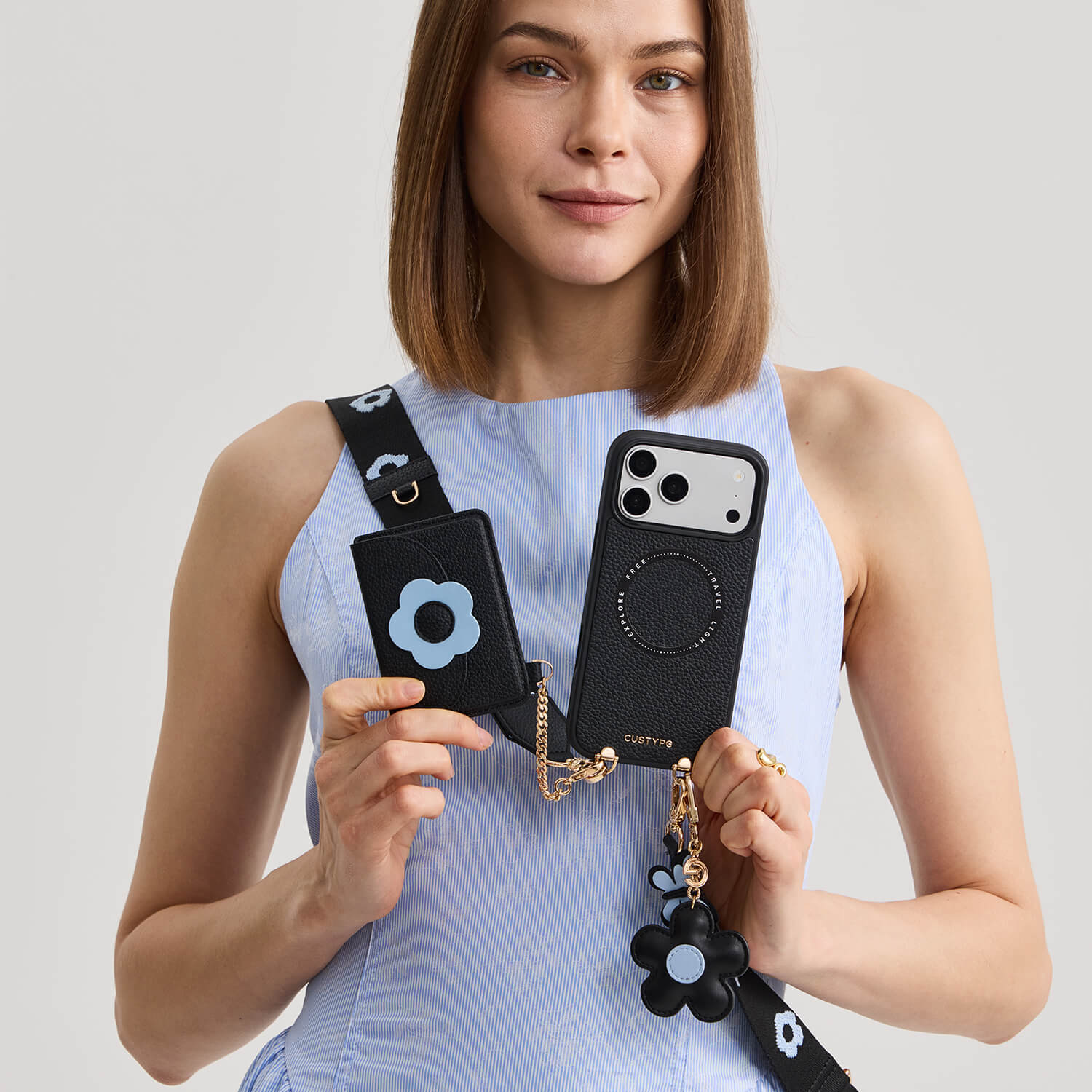 Black iPhone 17 Pro Max wallet phone case with strap with slim wallet for hands-free