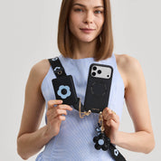 Black iPhone 17 Pro Max wallet phone case with strap with slim wallet for hands-free