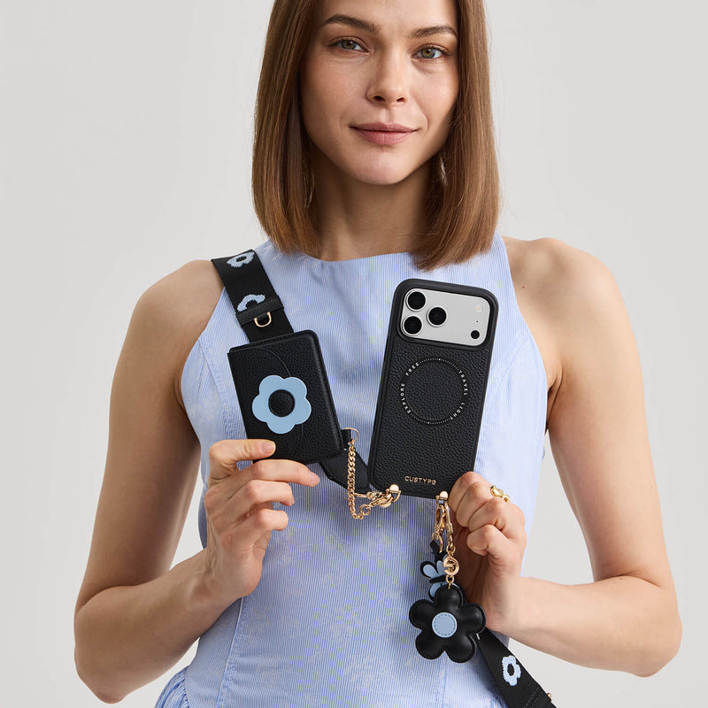 Black iPhone 17 Pro Max wallet phone case with strap with slim wallet for hands-free