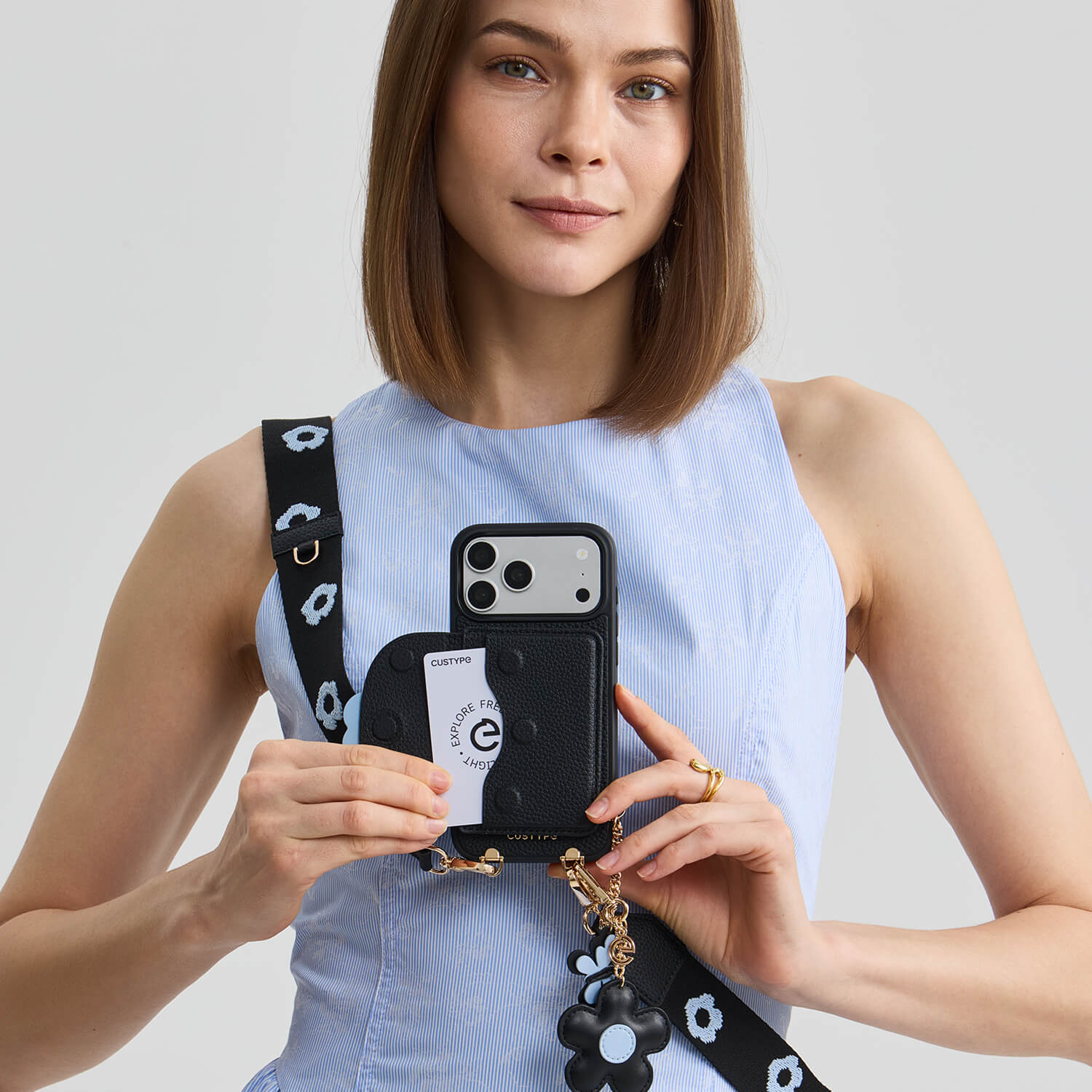 Black iPhone 17 Pro Max wallet phone case with strap with wallet for hands-free