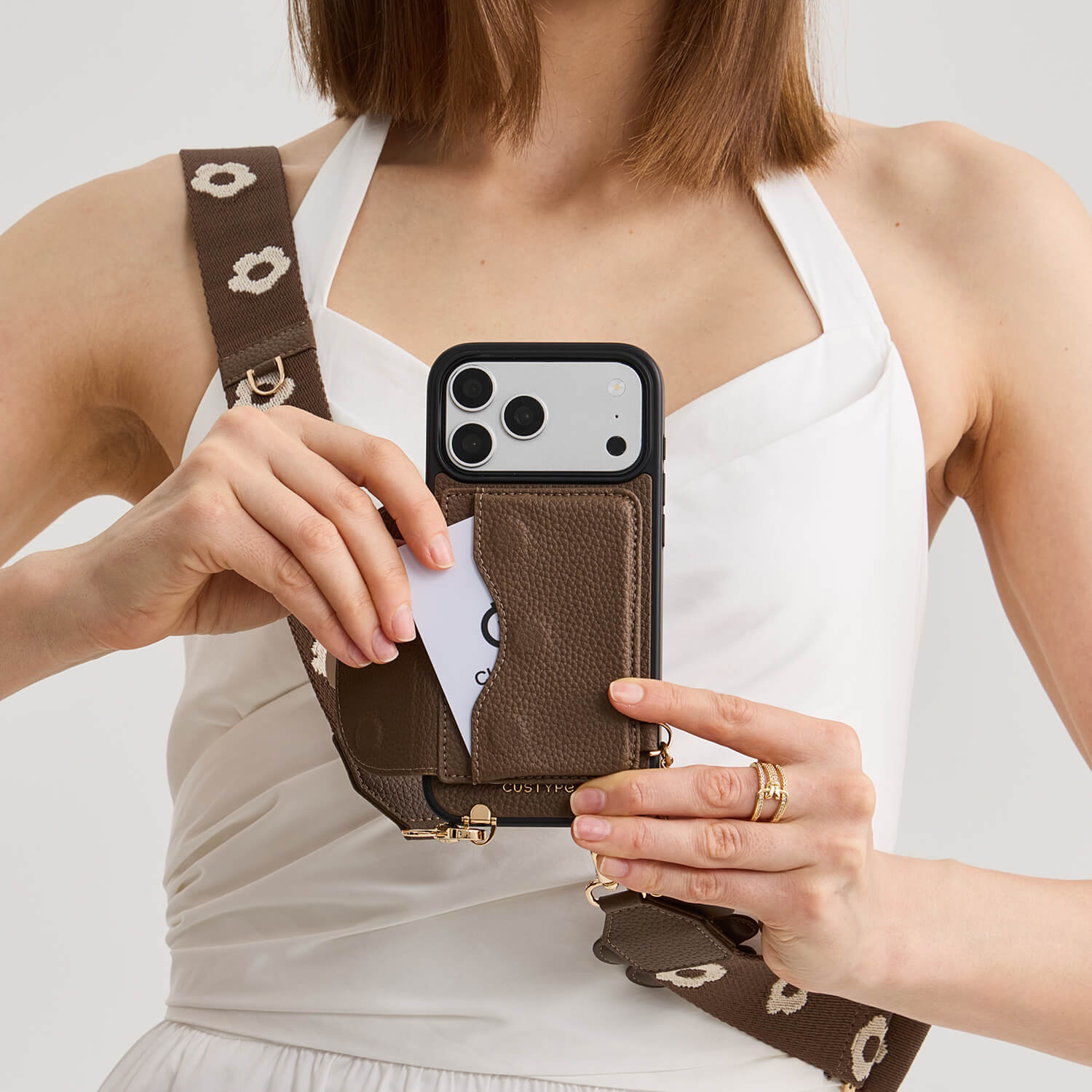 Mocha iPhone 17 Pro Max wallet phone case with strap with slim wallet for concerts