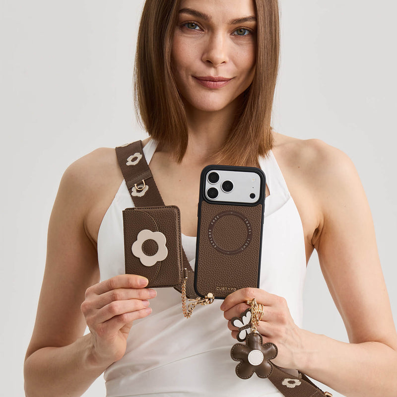 Mocha iPhone 17 Pro Max wallet phone case with strap with slim wallet for shopping