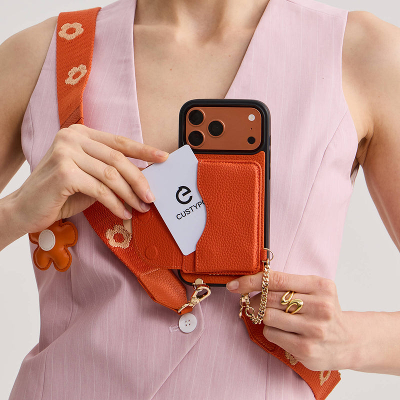 Orange iPhone 17 Pro Max wallet phone case with strap with magnetic slim wallet for shopping
