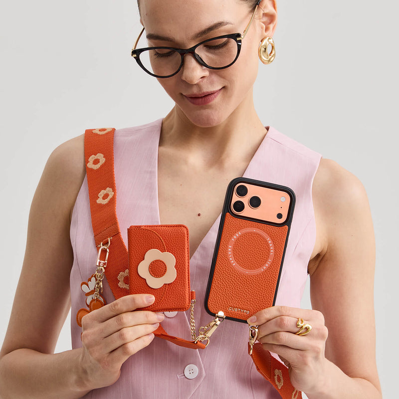 Orange iPhone 17 Pro Max wallet phone case with strap with magnetic slim wallet for moms