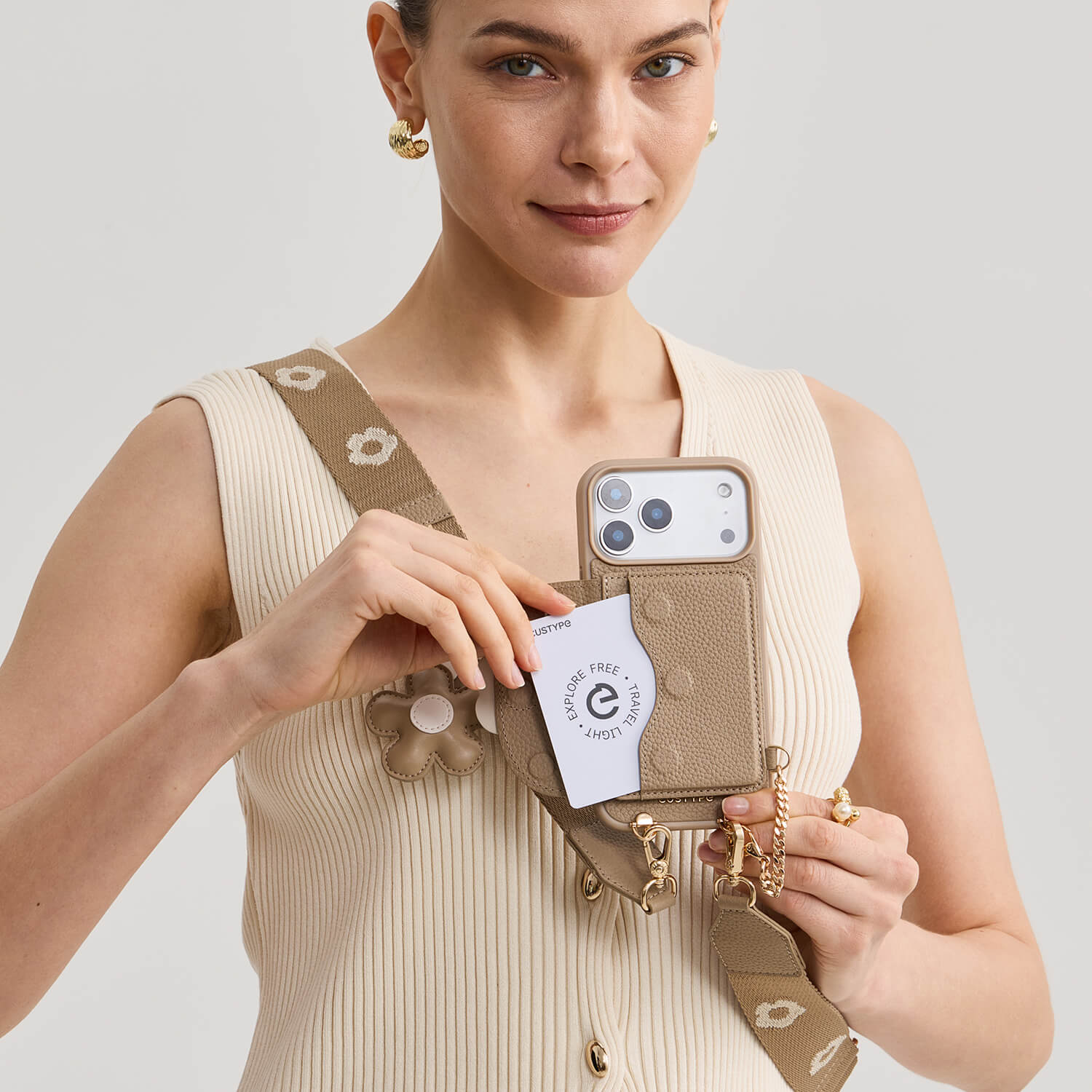Taupe iPhone 17 Pro Max wallet phone case with strap with magnetic slim wallet for everyday use