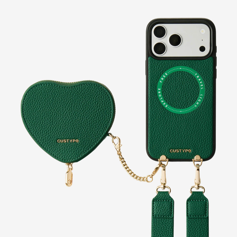 Green iPhone 18 Pro Max crossbody heart-shaped wallet phone case with hands-free for outdoor activities