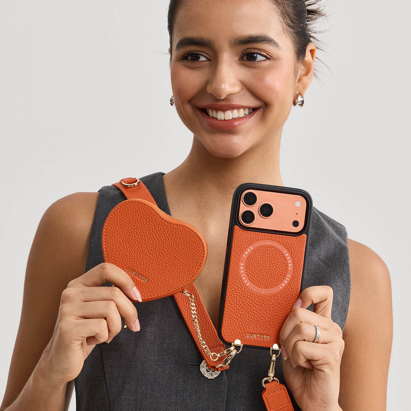 Orange iPhone 18 Pro Detachable crossbody wallet phone case  and Sweet heart pouch for shopping