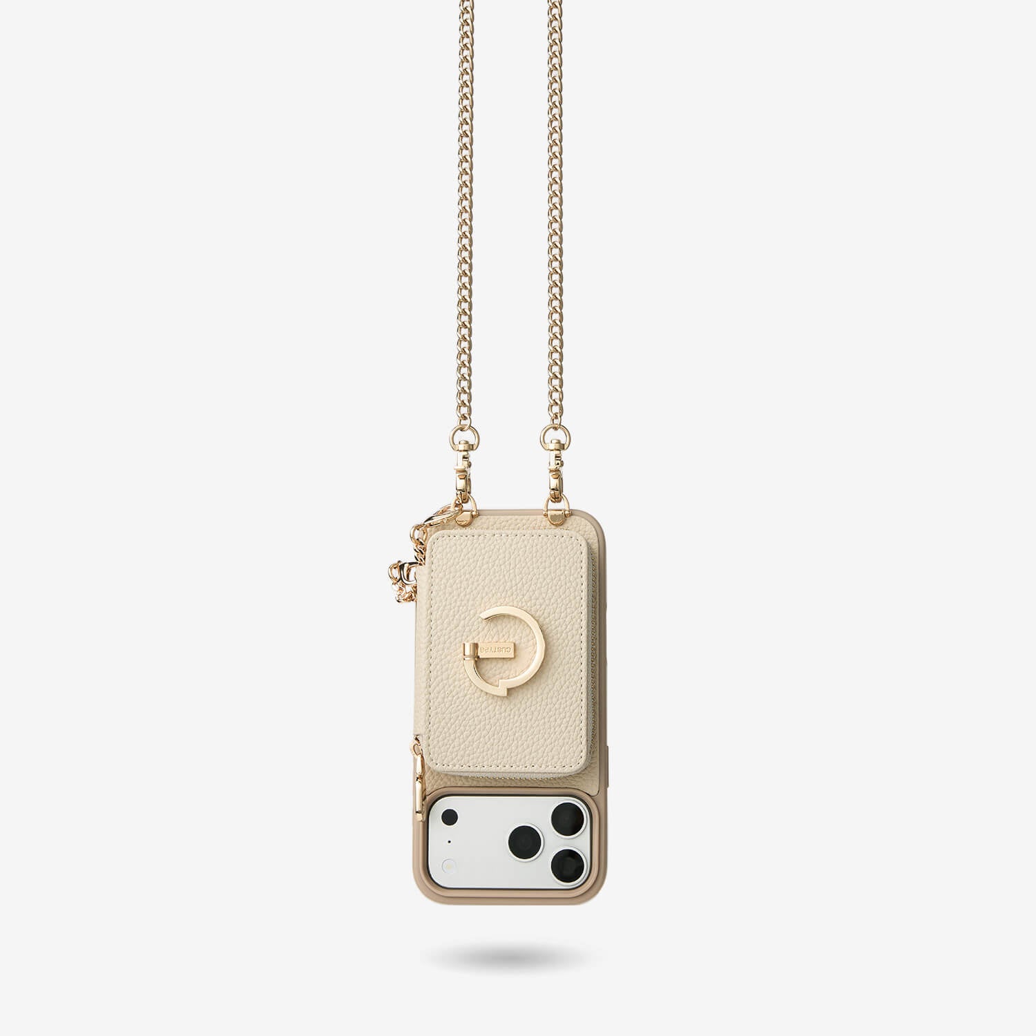 Beige iPhone 17 Pro Max crossbody wallet phone case with safety chain for walking