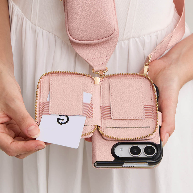 iPhone DUO MagSafe wallet case with folio storage layout and shoulder strap for commuting and travel, blush pink finish