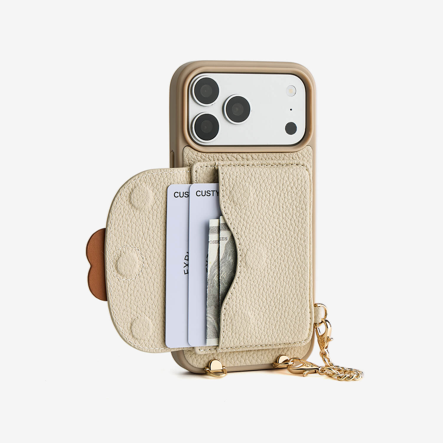 CUSTY ベージュ iPhoneケース ストラップ付き カードホルダー＆フローラルチャーム付き クロスボディスマホケース