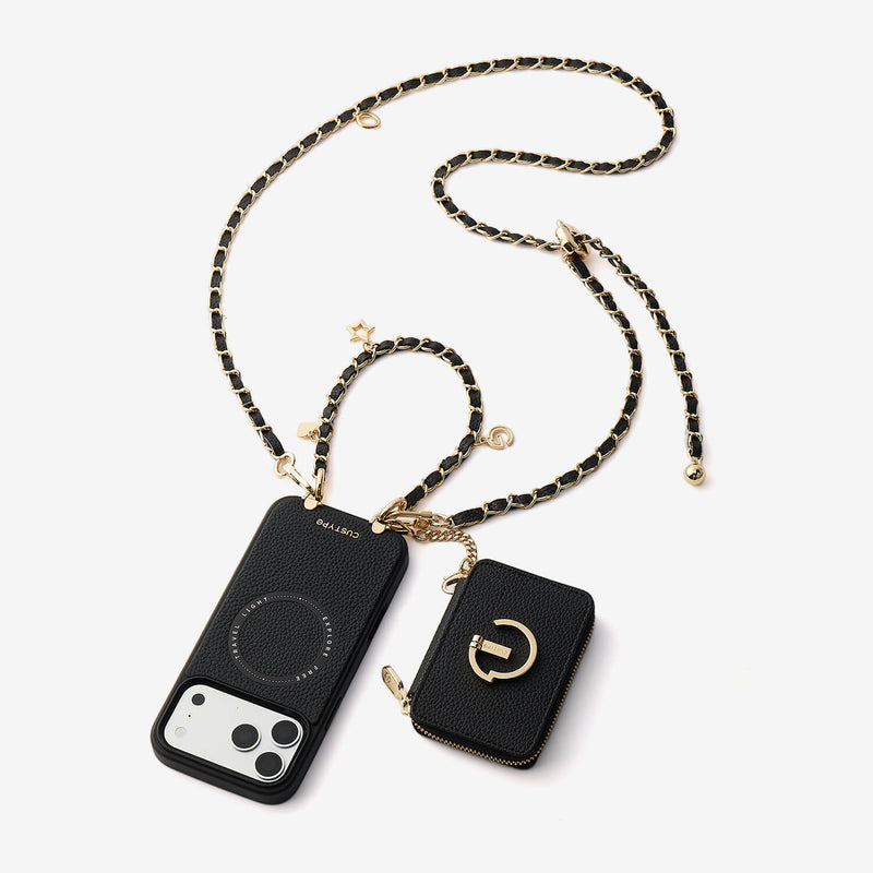 アリュールチェーンシリーズ - ストラップ付きマグネット式ウォレットフォンケース（フィンガーホルダー付き）