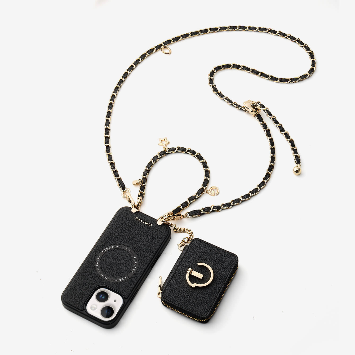 アリュールチェーンシリーズ - ストラップ付きマグネット式ウォレットフォンケース（フィンガーホルダー付き）