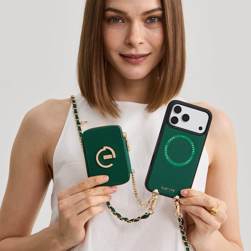 Green iPhone 17 Pro MagSafe-compatible crossbody phone case with strap for concerts