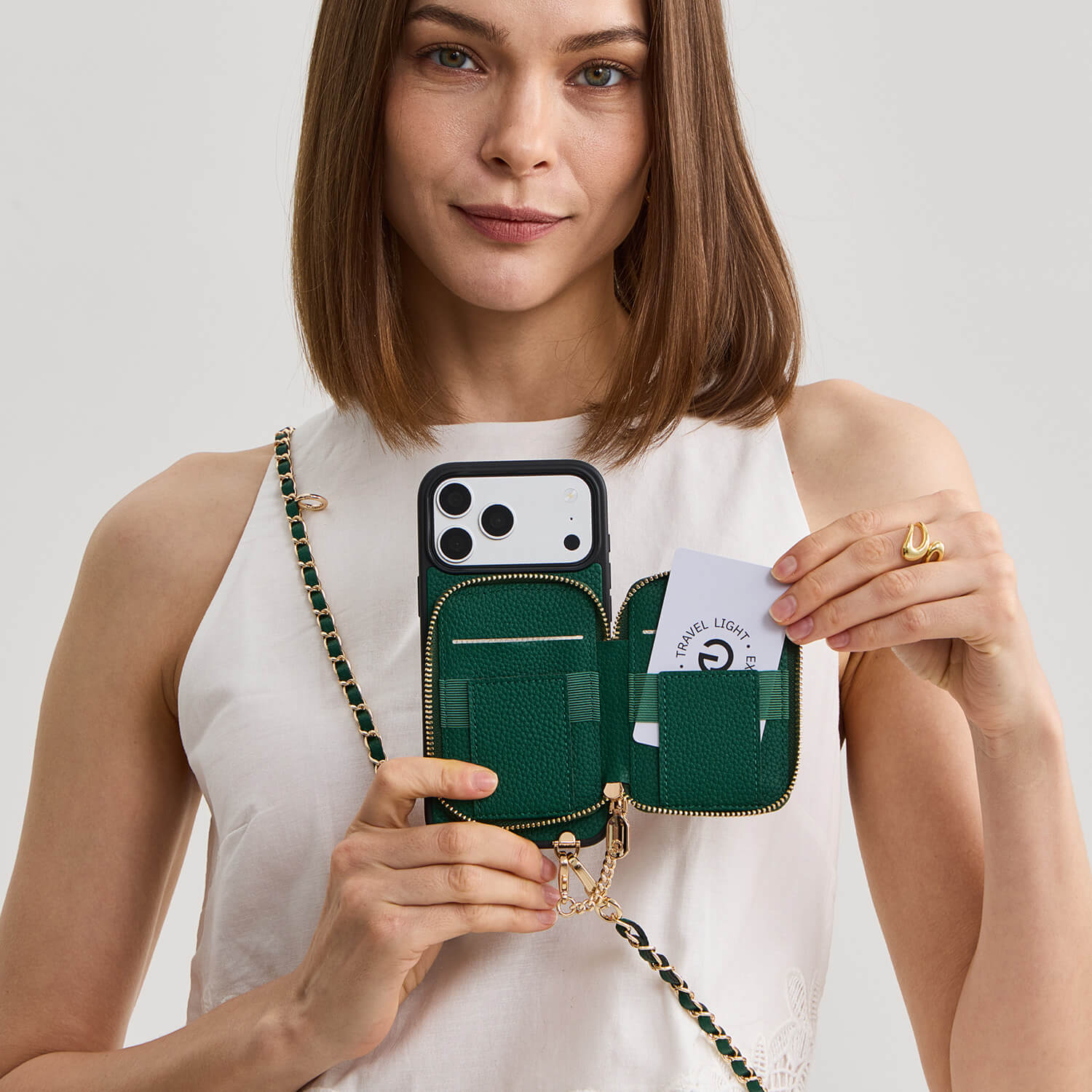 Green premium iPhone 17 Pro Max wallet phone case with chain strap with  for everyday use