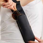 Black pebbled leather crossbody bag with sunglass for women