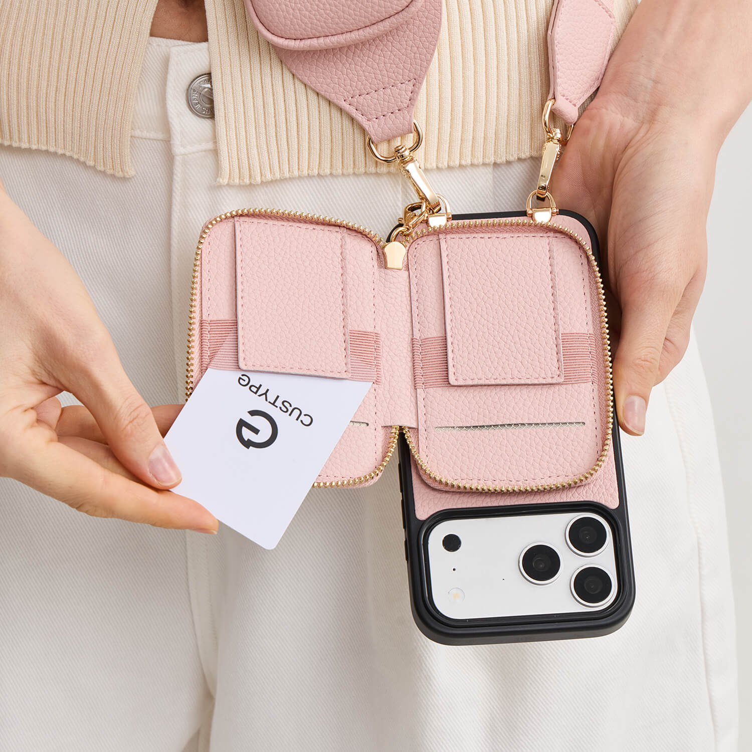 Light pink stylish wallet phone case with RFID blocking for shopping
