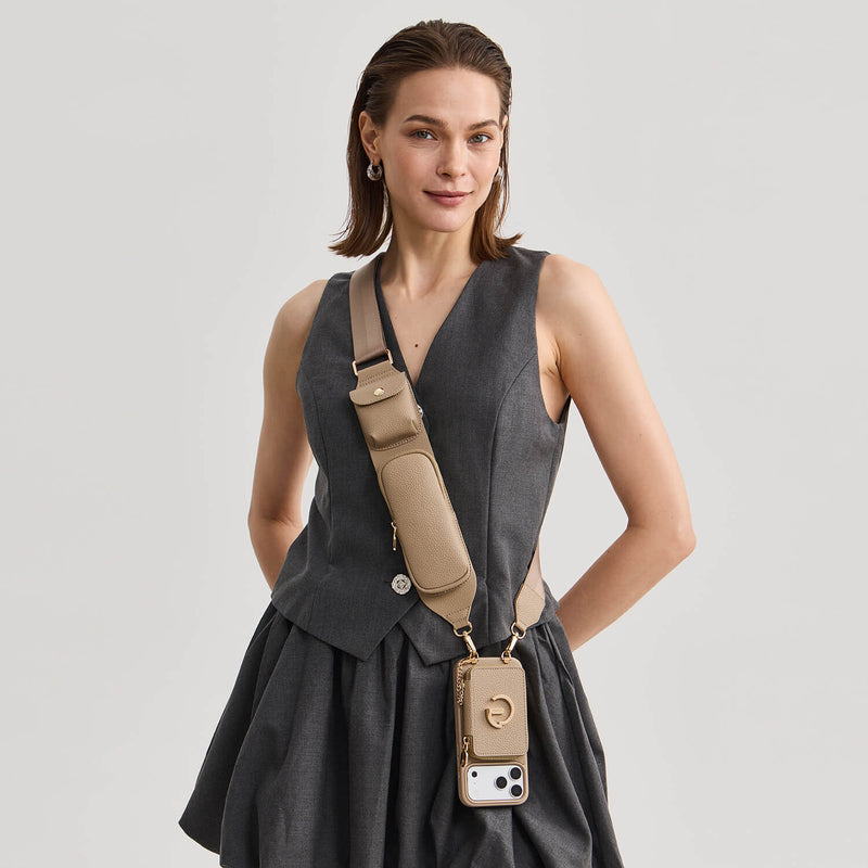 Taupe stylish iPhone 17 Pro Max
crossbody iPhone case with wallet
for hands-free
