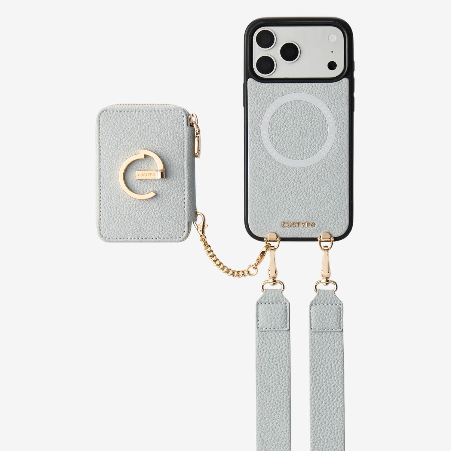 gray Phone case with detachable lanyard and card holder for shopping