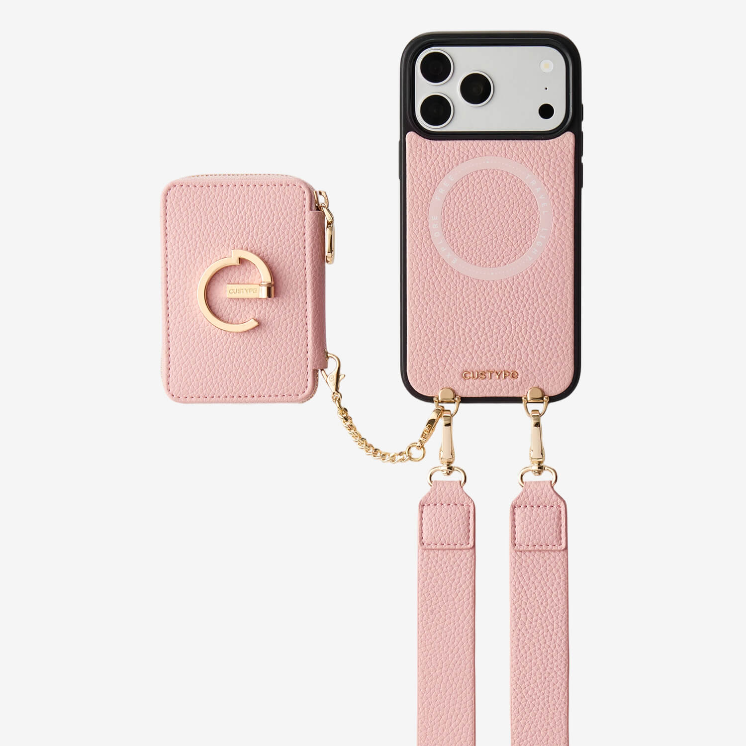 Pink best crossbody phone case​ with a matching pouch and strap for travel